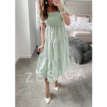 ZESICA Women's Bohemian Summer Plaid Square Neck Puff Sleeve Ruffle Flowy Beach Midi Dress,Green,Medium