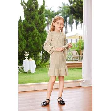 GRACE KARIN Girls Sweater Dress Cable Knit Long Sleeve Fall Winter Dress for Girl with Belt Sizes 6-14