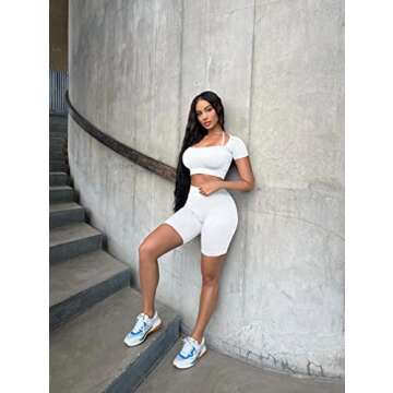 OQQ Workout Outfits for Women 2 Piece Ribbed Seamless Strap Detail Crop Top High Waist Shorts Exercise Set White