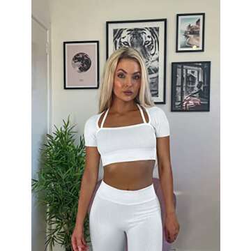 OQQ Workout Outfits for Women 2 Piece Ribbed Seamless Strap Detail Crop Top High Waist Shorts Exercise Set White