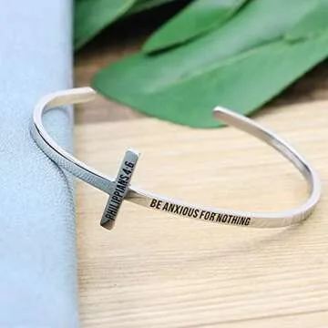 Cross Bracelet Religious Cuff Bangle Bible Verse Christian Gifts Jewelry for Women (Be anxious for nothing -Philippians 4:6)