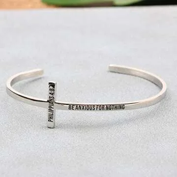 Cross Bracelet Religious Cuff Bangle Bible Verse Christian Gifts Jewelry for Women (Be anxious for nothing -Philippians 4:6)