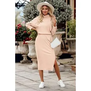 PRETTYGARDEN Women's Spring 2 Piece Matching Outfits Long Sleeve Turtleneck Ribbed Top and Midi Skirt Dress Sets