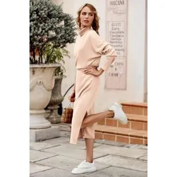 PRETTYGARDEN Women's Spring 2 Piece Matching Outfits Long Sleeve Turtleneck Ribbed Top and Midi Skirt Dress Sets