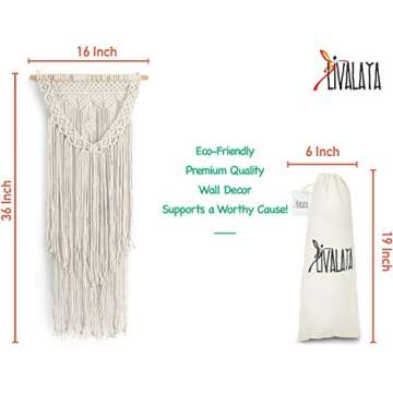 Boho Macrame Wall Hanging Woven Decor - Ivory 16 x 36 Inches Modern Bohemian Farmhouse Wall Art Tapestry Decor for House, Apartment, Dorm Room, Nursery, Party Decorations, Wedding, Wall Ornament