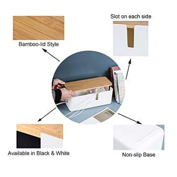 Changsuo Small Cable Management Box with Bamboo Lid for Extension Cord Power Stripe Surge Protector Wire Concealer Organizer Cover Hider (White)