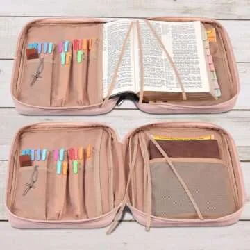 FINDCOZY Bible Cover for Women, Durable Carrying Book Case Church Bag for Biblical Accessories with Handle and Zippered Pocket, for Scriptures, Pink