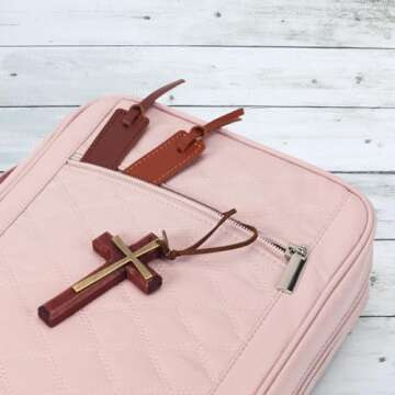 FINDCOZY Bible Cover for Women, Durable Carrying Book Case Church Bag for Biblical Accessories with Handle and Zippered Pocket, for Scriptures, Pink