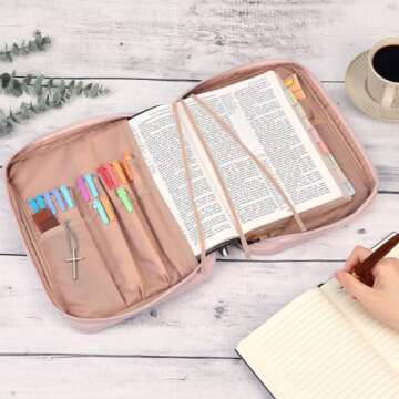 FINDCOZY Bible Cover for Women, Durable Carrying Book Case Church Bag for Biblical Accessories with Handle and Zippered Pocket, for Scriptures, Pink