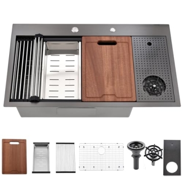 Bokaiya 33x19 Drop In Kitchen Sink Workstation - 16 Gauge Stainless Steel, Deep Bowl with Cup Washer