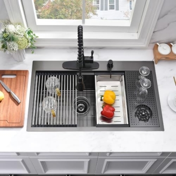 33 Inch Black Drop In Kitchen Sink with Cup Washer