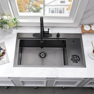 33 Inch Black Drop In Kitchen Sink with Cup Washer