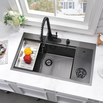 33 Inch Black Drop In Kitchen Sink with Cup Washer