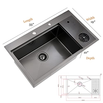 33 Inch Black Drop In Kitchen Sink with Cup Washer