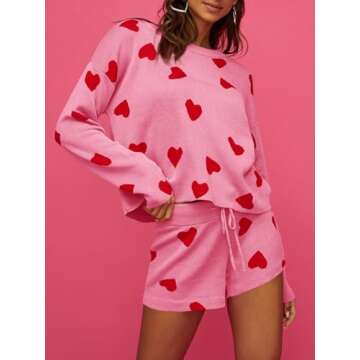 Saodimallsu Women’s Valentine's Day Pajama Set Hearts Print Lounge Sets Long Sleeve Sweater and Sh...