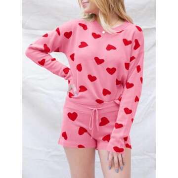 Saodimallsu Women’s Valentine's Day Pajama Set Hearts Print Lounge Sets Long Sleeve Sweater and Shorts 2 Piece Outfits Pink