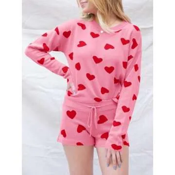 Saodimallsu Women’s Valentine's Day Pajama Set Hearts Print Lounge Sets Long Sleeve Sweater and Shorts 2 Piece Outfits Pink