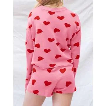 Saodimallsu Women’s Valentine's Day Pajama Set Hearts Print Lounge Sets Long Sleeve Sweater and Shorts 2 Piece Outfits Pink