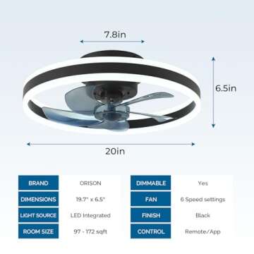 Orison Low Profile Ceiling Fan with Light - Modern Flush Mount Enclosed Ceiling Fan 19.7" LED Dimmable Bladeless Ceiling Fans with Remote Control,Smart 3 Light Color and 6 speeds(Black)