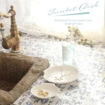 CCINPPY Shell Ring Dish Tray, Ceramic Jewelry Tray Trinket Dish, Seashell Key Holder Bowl, Beach Room Coastal Decor Aesthetic, Ocean Bathroom Counter Decor, White, Small