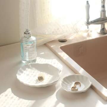 CCINPPY Shell Ring Dish Tray, Ceramic Jewelry Tray Trinket Dish, Seashell Key Holder Bowl, Beach Room Coastal Decor Aesthetic, Ocean Bathroom Counter Decor, White, Small