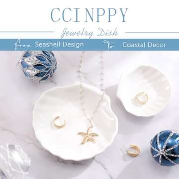 CCINPPY Shell Ring Dish Tray, Ceramic Jewelry Tray Trinket Dish, Seashell Key Holder Bowl, Beach Room Coastal Decor Aesthetic, Ocean Bathroom Counter Decor, White, Small