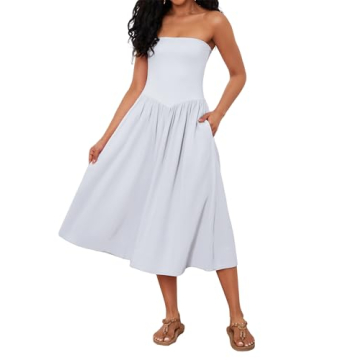 Ythomm Women Strapless Maxi Dress Casual Patchwork Pleated Backless Flowy Long Dress Summer Solid Tu...