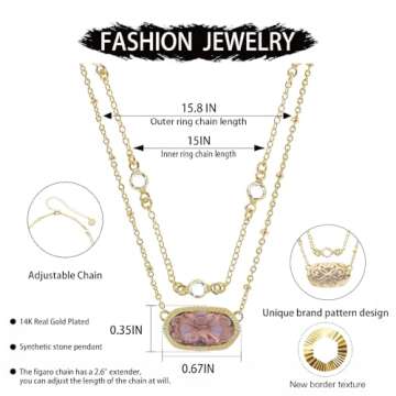 WARMDAY 14K Gold-Plated Multilayer Necklaces for Women Crystal Double Chain Synthetic Gemstone Penda...