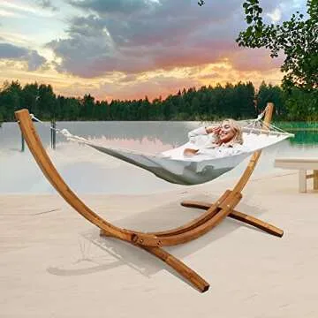 AOTIFARM Wooden Hammock with Stand Outdoor Spreader Bar Hammock with Stand Arc Hammock Bed Chair with Stand for Single Person 250 lb Capacity (Beige)