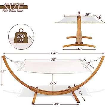 AOTIFARM Wooden Hammock with Stand Outdoor Spreader Bar Hammock with Stand Arc Hammock Bed Chair with Stand for Single Person 250 lb Capacity (Beige)