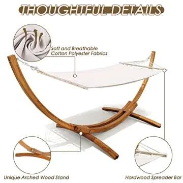 AOTIFARM Wooden Hammock with Stand Outdoor Spreader Bar Hammock with Stand Arc Hammock Bed Chair with Stand for Single Person 250 lb Capacity (Beige)