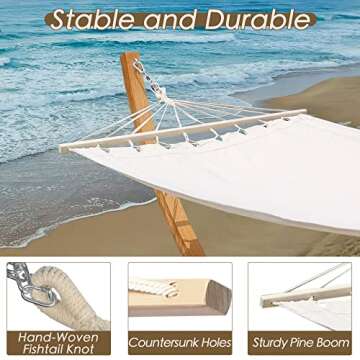 AOTIFARM Wooden Hammock with Stand Outdoor Spreader Bar Hammock with Stand Arc Hammock Bed Chair with Stand for Single Person 250 lb Capacity (Beige)