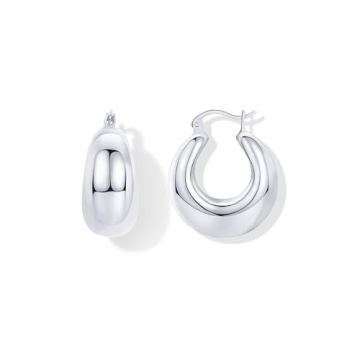 PAVOI Rhodium Plated Sterling Silver Posts Chunky Hoops Earrings | Thick Lightweight Trendy Chunky H...