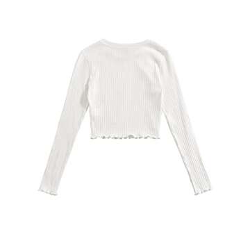 SweatyRocks Women's Long Sleeve Crop Top Ribbed Knit Lettuce Trim Tee Shirt White M