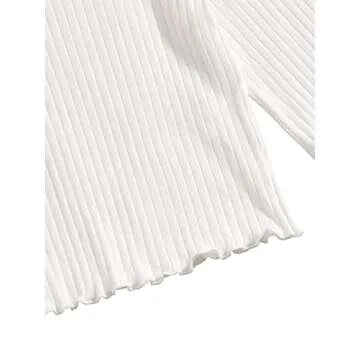 SweatyRocks Women's Long Sleeve Crop Top Ribbed Knit Lettuce Trim Tee Shirt White M