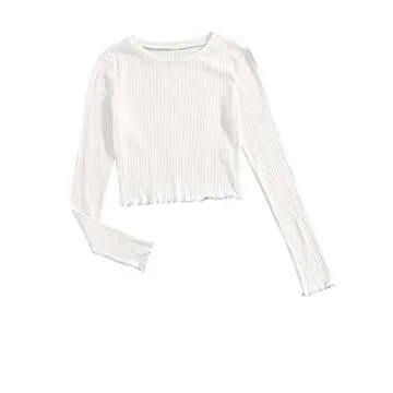 SweatyRocks Women's Long Sleeve Crop Top Ribbed Knit Lettuce Trim Tee Shirt White M