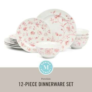 Martha Stewart Empress Bouquet 12 Piece Decorated Porcelain Dinnerware Plates and Bowls Set - Pink F...
