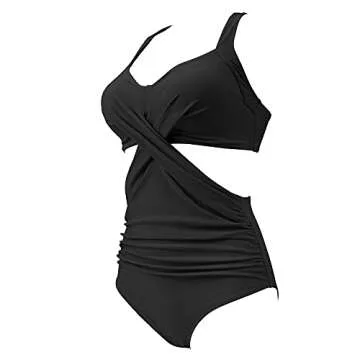 RXRXCOCO Women Front Cross One Piece Swimsuit Tummy Control Cross Back Monokini Bathing Suit for Women Black Large