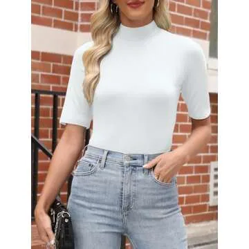 ANRABESS Women Tops Mock Neck 1/2 Short Sleeve Dressy Shirts Blouses Work Tees Business Casual Outfits White Large