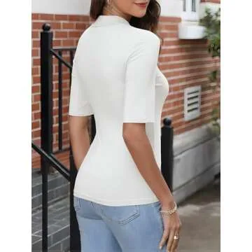 ANRABESS Women Tops Mock Neck 1/2 Short Sleeve Dressy Shirts Blouses Work Tees Business Casual Outfits White Large