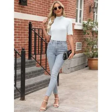 ANRABESS Women Tops Mock Neck 1/2 Short Sleeve Dressy Shirts Blouses Work Tees Business Casual Outfits White Large