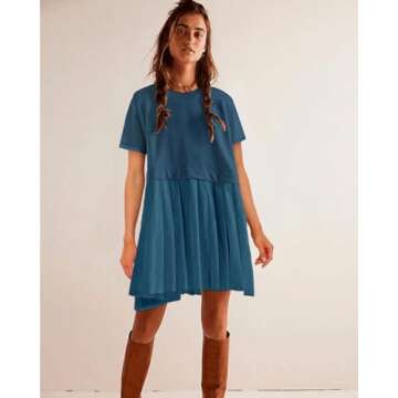 SAUKOLE Women’s Casual T-Shirt Dresses Short Sleeve Crewneck A Line Swing Short Loose Beach Sun Dress Deep Blue