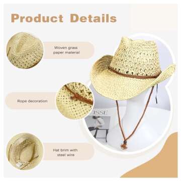 Generic Womens Straw Cowboy Hat Foldable Wide Brim Summer Sun Hats for Men Travel Vacation Lightweight Beige Beach Cowgirl Hat