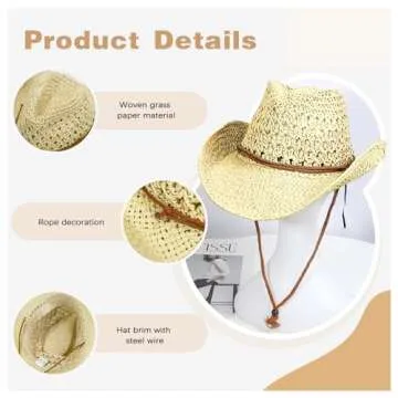 Generic Womens Straw Cowboy Hat Foldable Wide Brim Summer Sun Hats for Men Travel Vacation Lightweight Beige Beach Cowgirl Hat