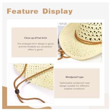Generic Womens Straw Cowboy Hat Foldable Wide Brim Summer Sun Hats for Men Travel Vacation Lightweight Beige Beach Cowgirl Hat