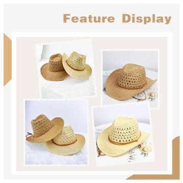 Generic Womens Straw Cowboy Hat Foldable Wide Brim Summer Sun Hats for Men Travel Vacation Lightweight Beige Beach Cowgirl Hat