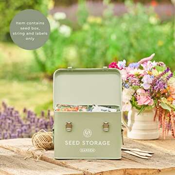 Seed Storage Box – Metal Seed Packet Organizer with Garden String and Bamboo Plant Labels. Seed Co...
