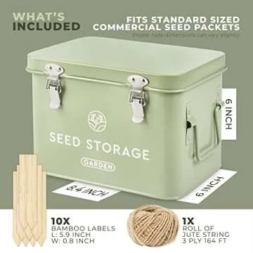Seed Storage Box – Metal Seed Packet Organizer with Garden String and Bamboo Plant Labels. Seed Container Storage Delivering Complete Seed Saving Organization for Every Garden Lover.