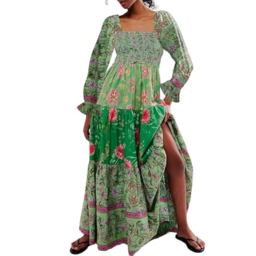 Women Spring Dresses Flowy Smocked Maxi Dress Long Sleeve Square Neck Boho Dresses Y2k Floral Party ...