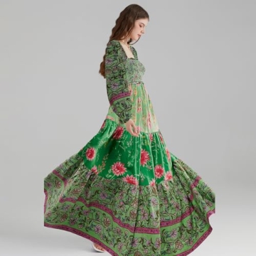 Women Spring Dresses Flowy Smocked Maxi Dress Long Sleeve Square Neck Boho Dresses Y2k Floral Party Sundresses, Green, Small